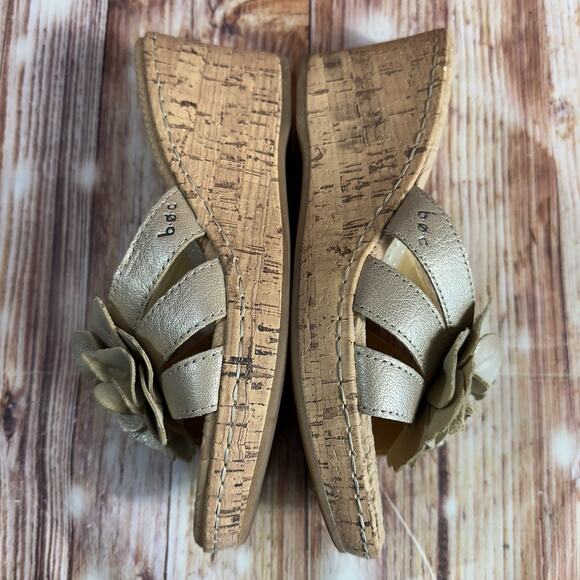BOC Born Concept Size 7 Bronze Leather Flower Cork Wedge Sandals Open Toe Shoes - Picture 7 of 11